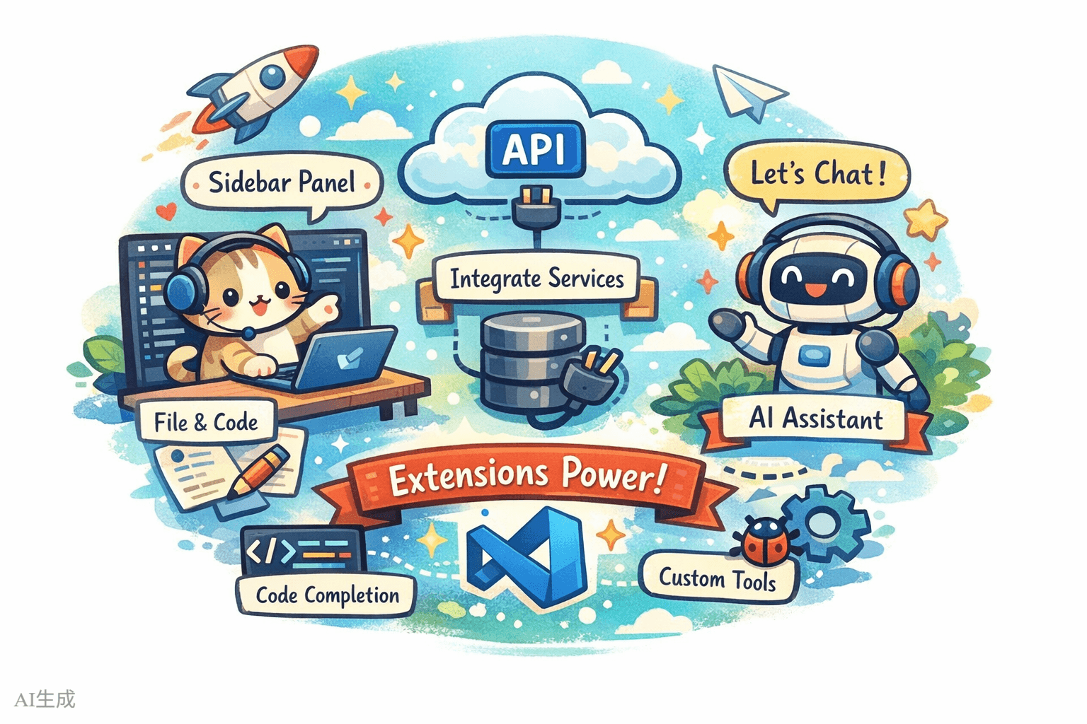 VS Code 插件生态示意图，展示插件可以扩展的各个区域：侧边栏、编辑器、状态栏、命令面板、Chat 面板