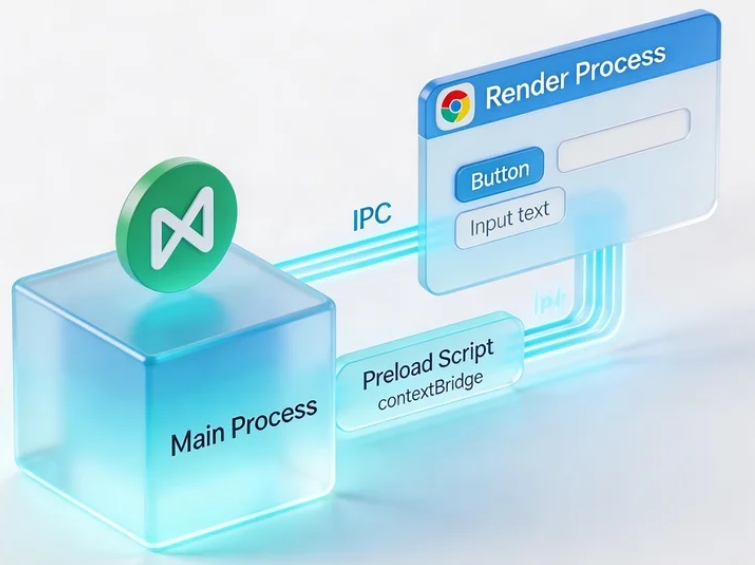 placeholder: 一张 Electron 进程架构图，展示 Main Process、Renderer Process、Preload Script 之间的关系和 IPC 通信