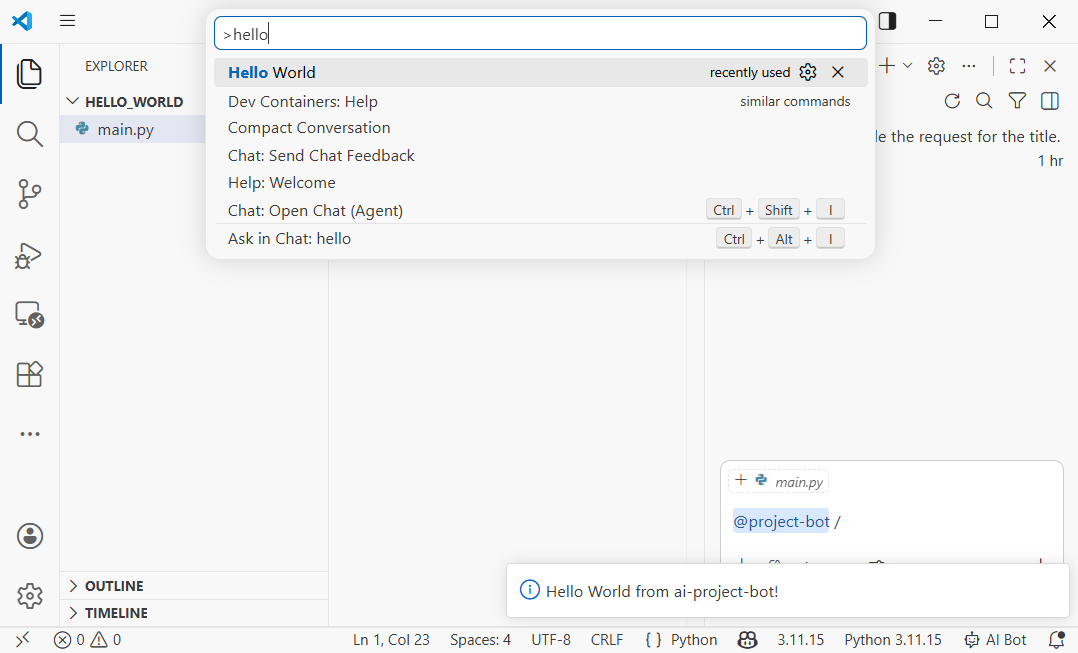 VS Code 调试插件的截图，展示 Extension Development Host 窗口和 Hello World 消息