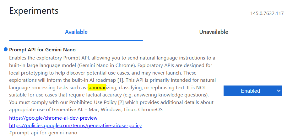 placeholder: chrome://flags 页面截图，展示 Summarization API 的开关位置