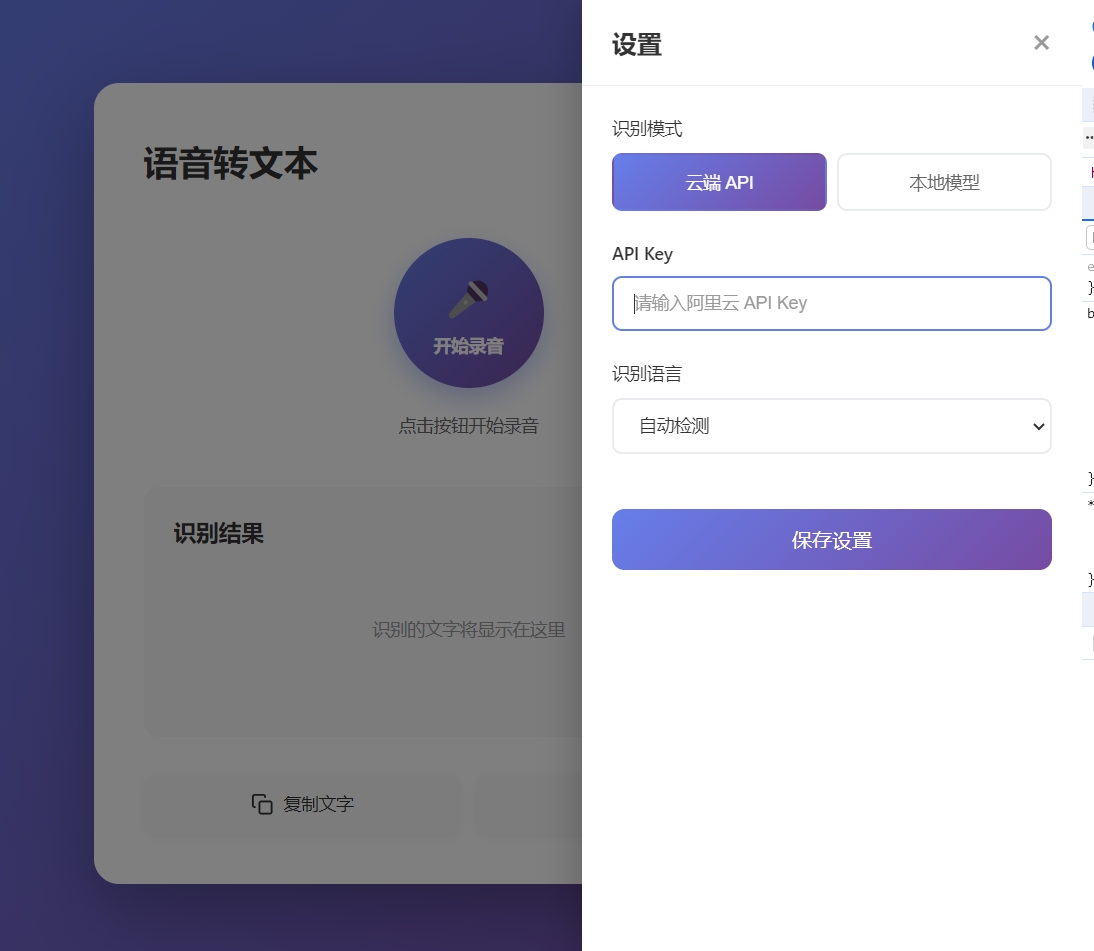 placeholder: 设置面板展开的截图，展示模式切换开关和 API Key 输入框